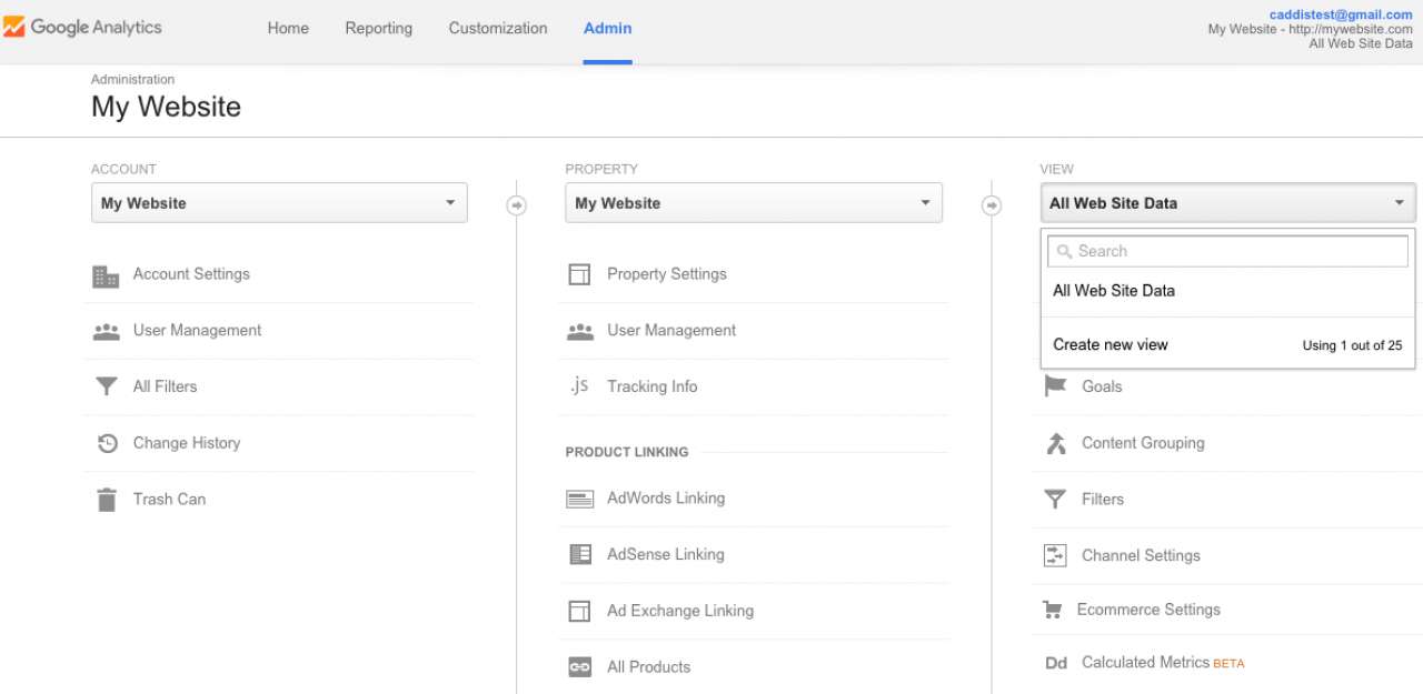 Google Analytics Admin Page